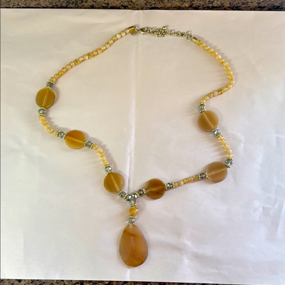 Chico's Gold/Iridescent Beaded Long Statement Necklace Necklace